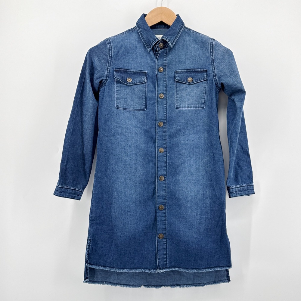 Hudson Kids Blue Denim Long Sleeve Button Front Shirt Dress Raw Hem Size Large
